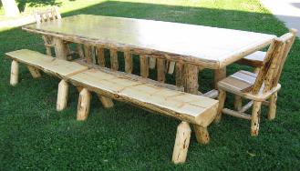 Log Dining Table w/ Side Chairs & Half-Log Benches